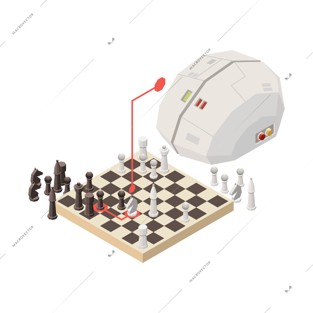 Isometric concept with artificial brain playing chess 3d vector illustration