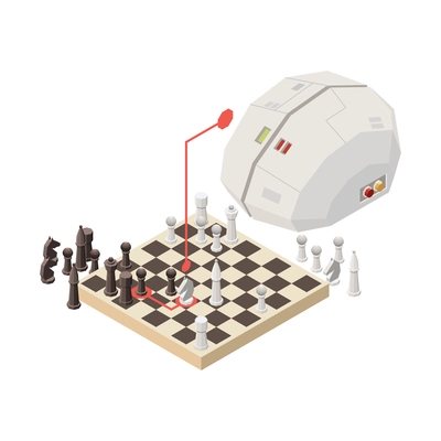 Isometric concept with artificial brain playing chess 3d vector illustration