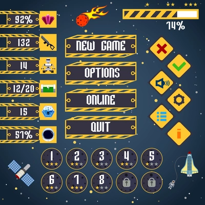 Space arcade adventure game menu interface layout template vector illustration