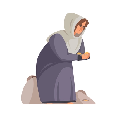 Cartoon poor medieval woman begging for money on her knees vector illustration