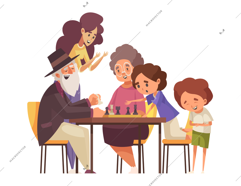 Happy children and grandparents playing chess cartoon vector illustration