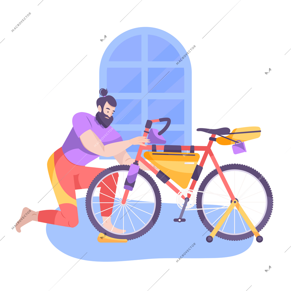 Flat composition with man fixing his bike vector illustration