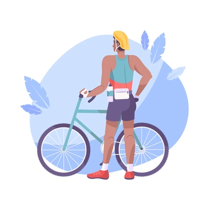 Bike tourism flat composition with man in sports outfit and bicycle vector illustration