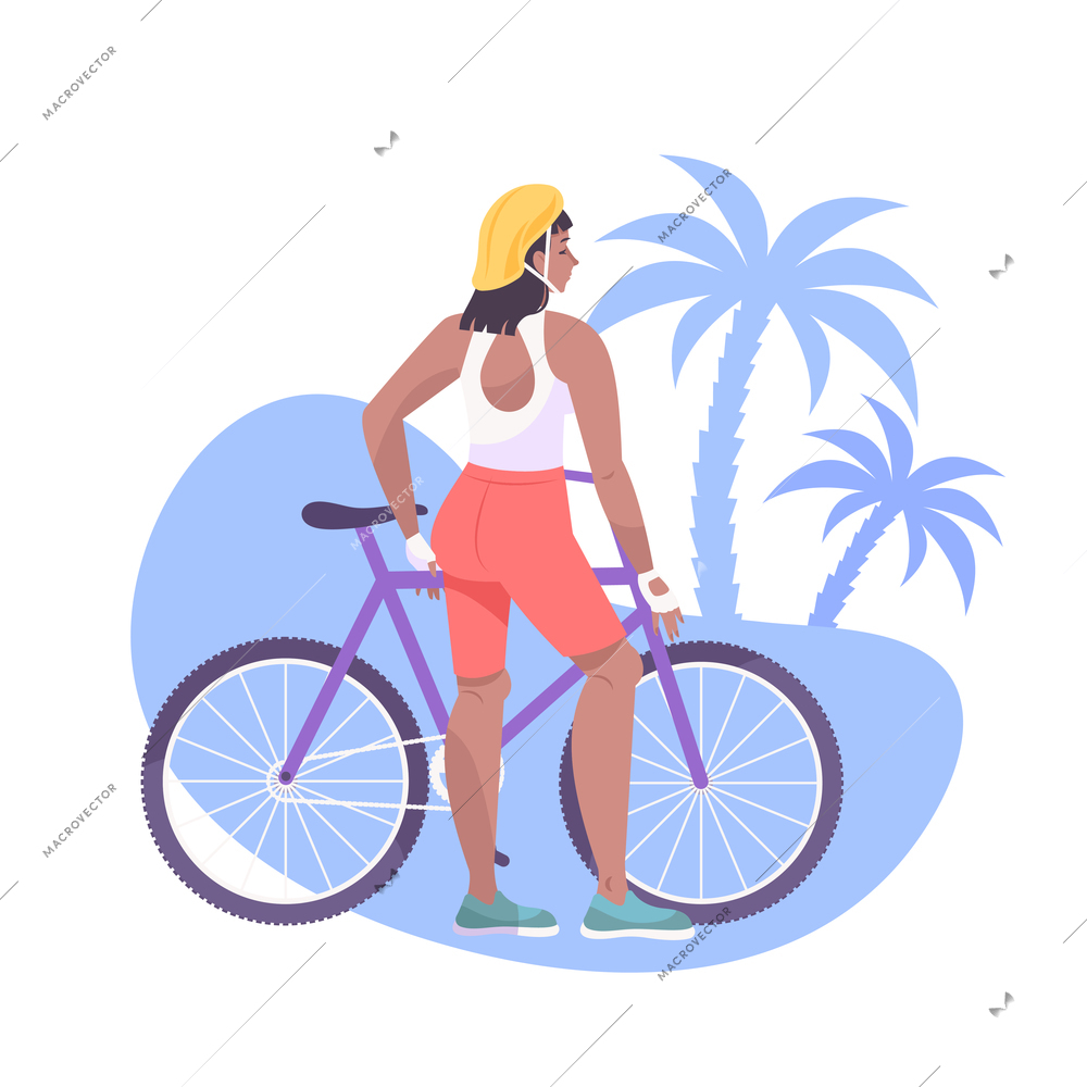 Flat composition with woman in helmet and her bike vector illustration