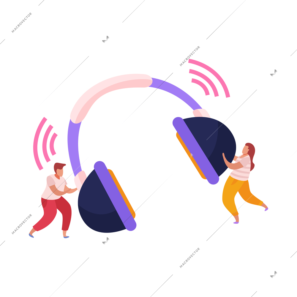 Two characters holding big headphones flat icon vector illustration