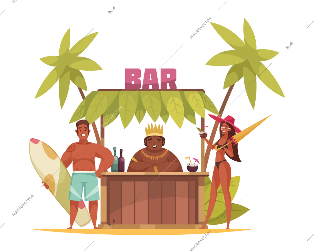 Outdoor hawaii bar and happy suntanned people in swimsuits cartoon vector illustration