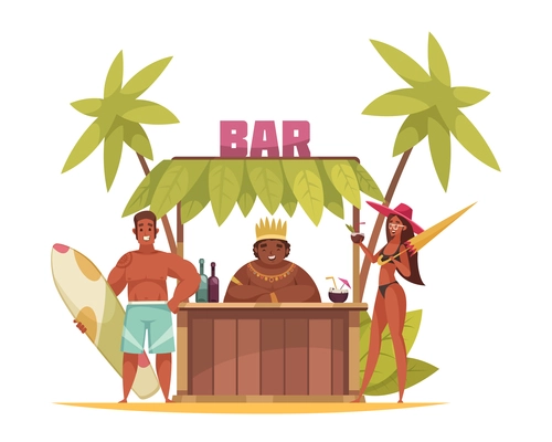Outdoor hawaii bar and happy suntanned people in swimsuits cartoon vector illustration