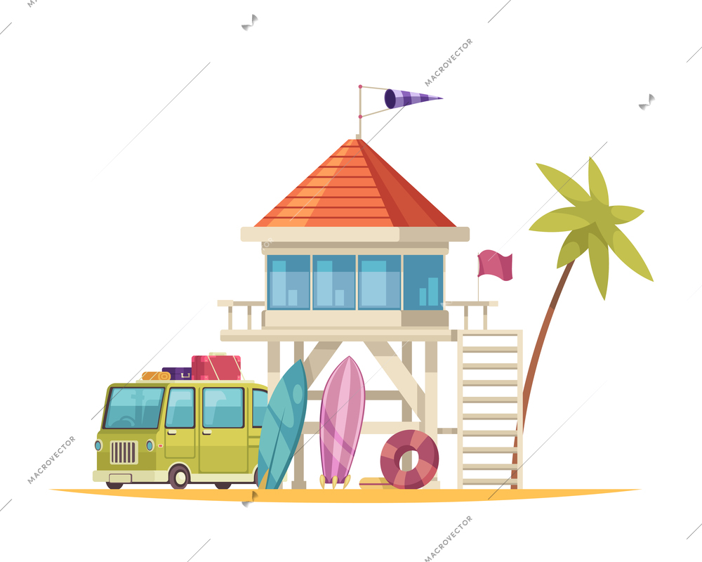 Cartoon icon with lifeguard house and touristic bus on white background vector illustration