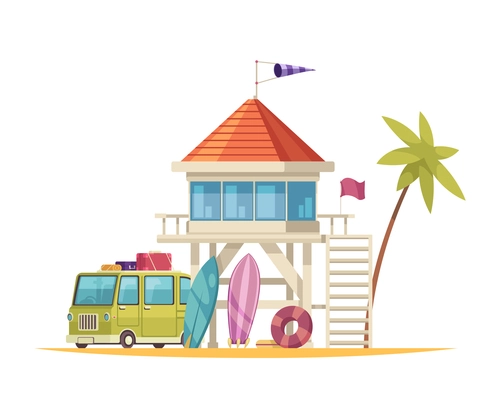 Cartoon icon with lifeguard house and touristic bus on white background vector illustration