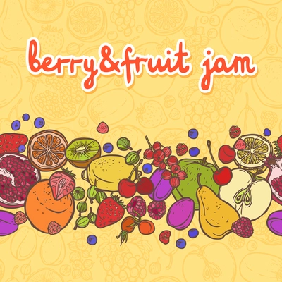 Fresh natural fruit and berries food decorative horizontal border vector illustration