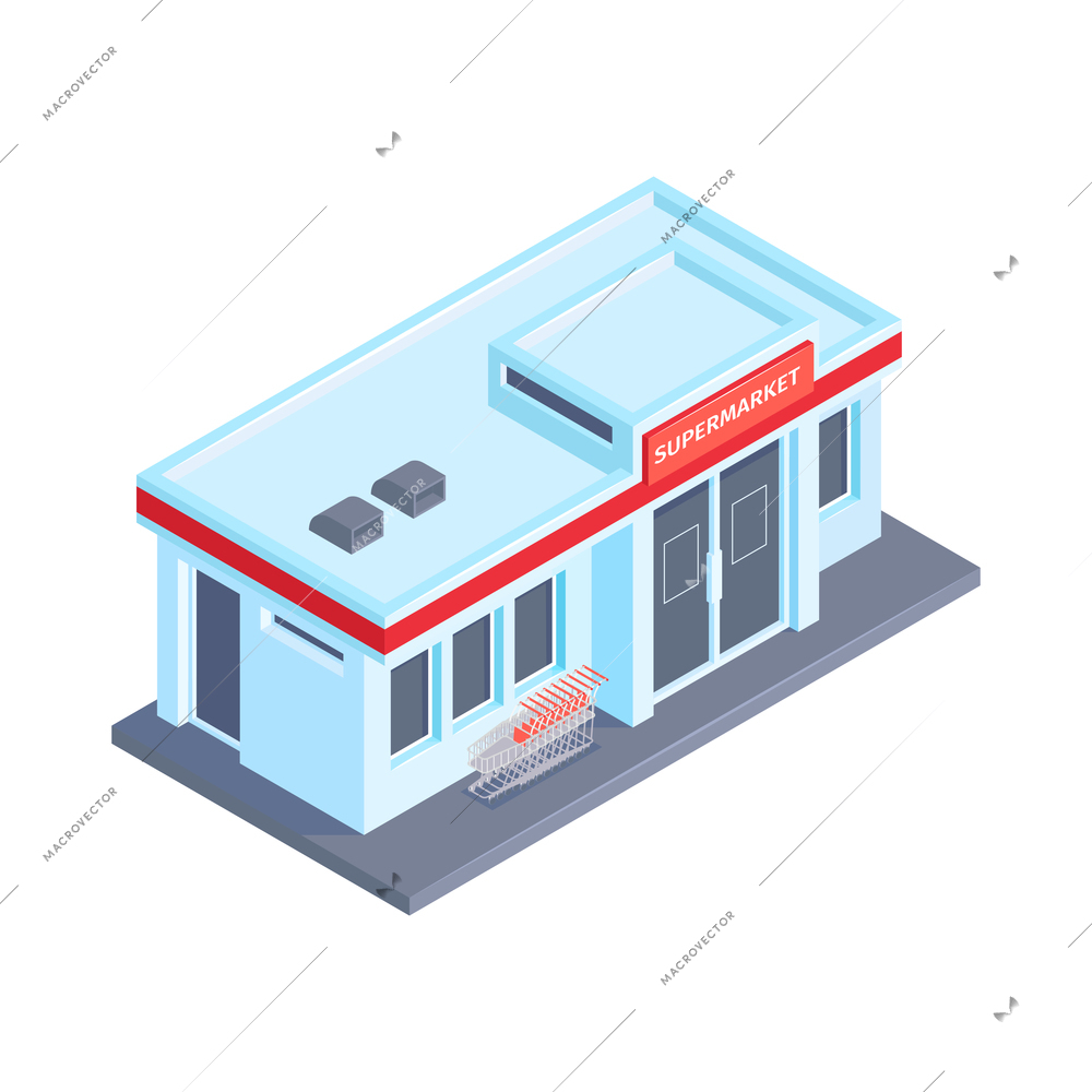 Isometric supermarket building exterior and shopping carts 3d vector illustration