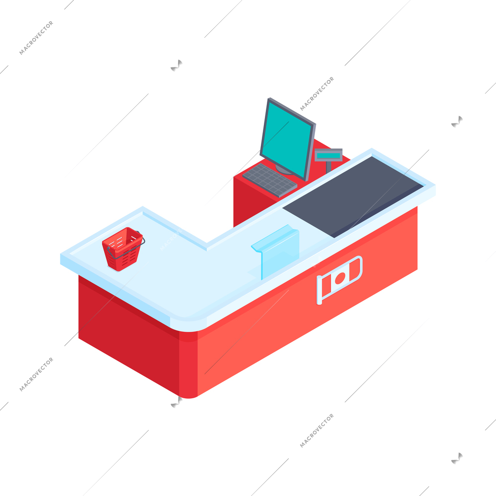 Isometric icon with 3d empty supermarket cashdesk and shopping basket vector illustration