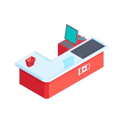 Isometric icon with 3d empty supermarket cashdesk and shopping basket vector illustration