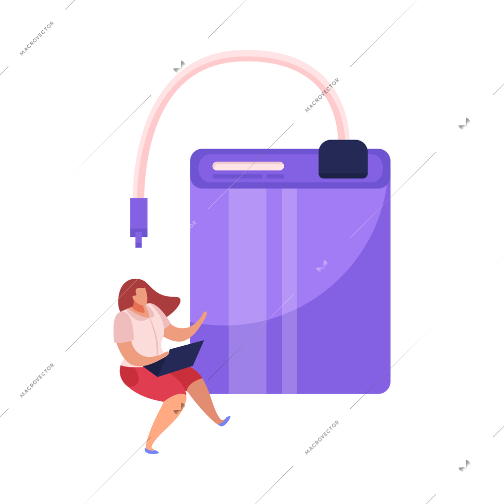 Flat icon with power bank and woman with laptop on white background vector illustration