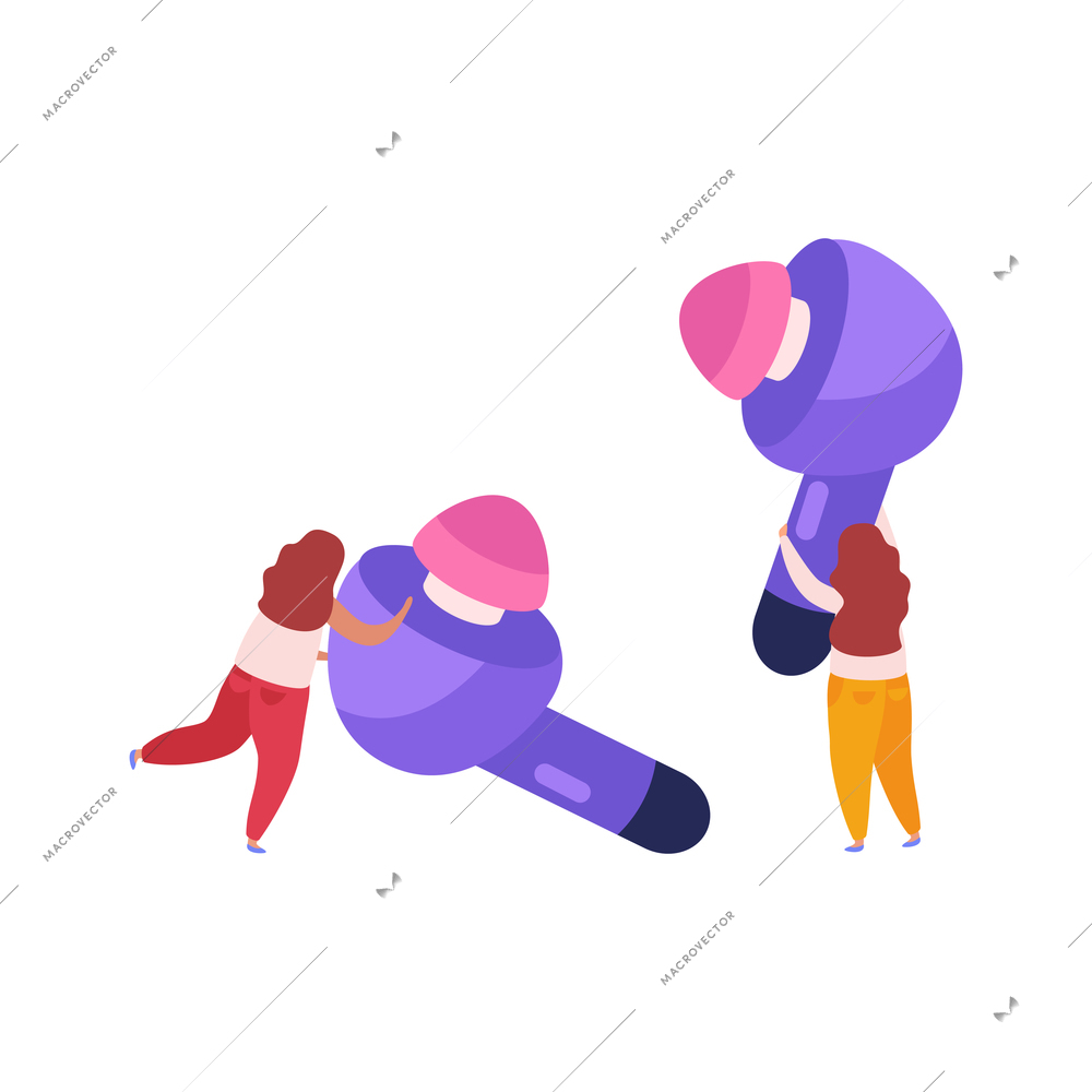 Flat icon with two tiny women holding earbuds isolated vector illustration