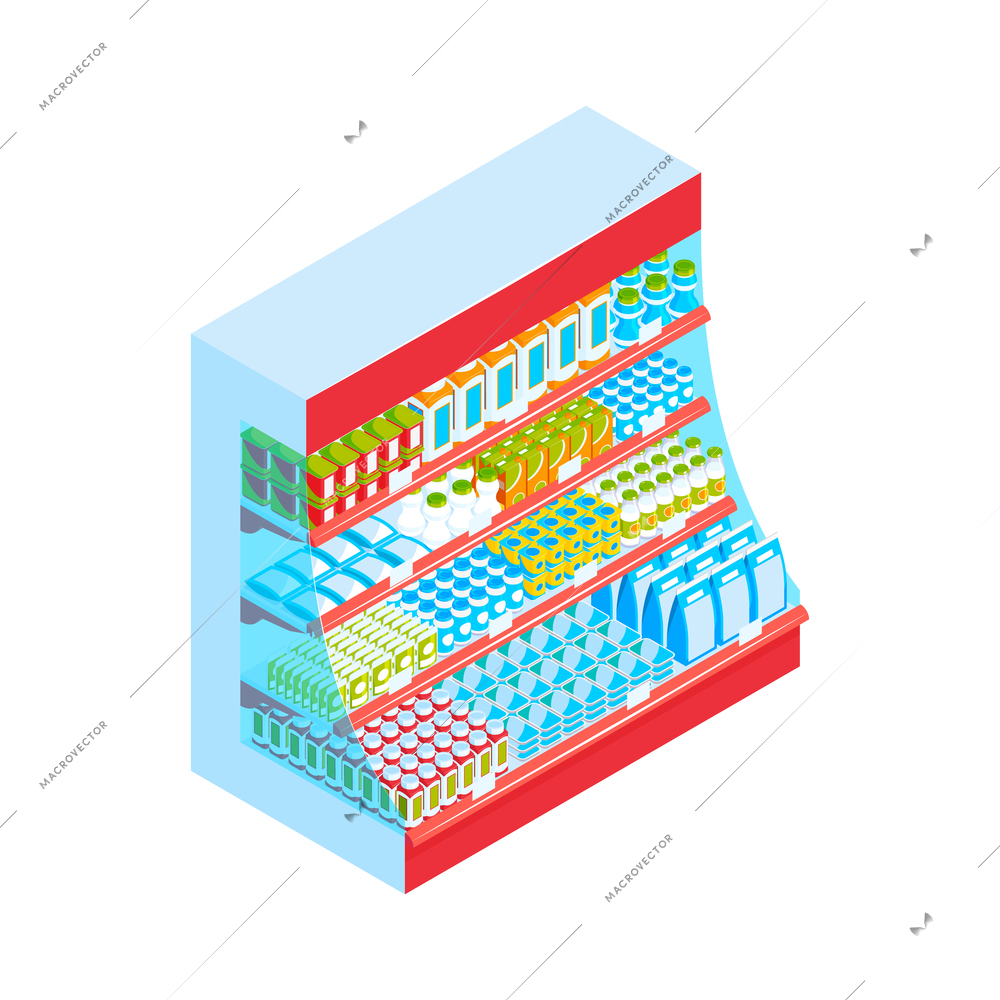 Supermarket showcase fridge for dairy products on white background isometric vector illustration