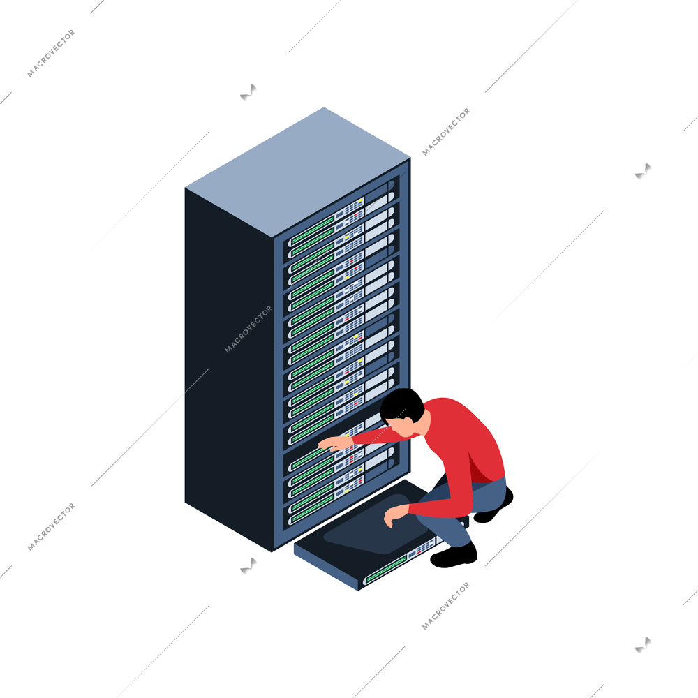 System administator working with computer hardware isometric vector illustration