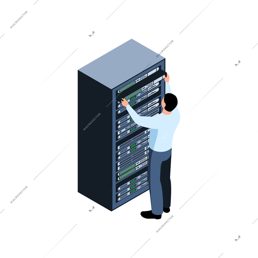 Isometric sysadmin working at data center on white background vector illustration