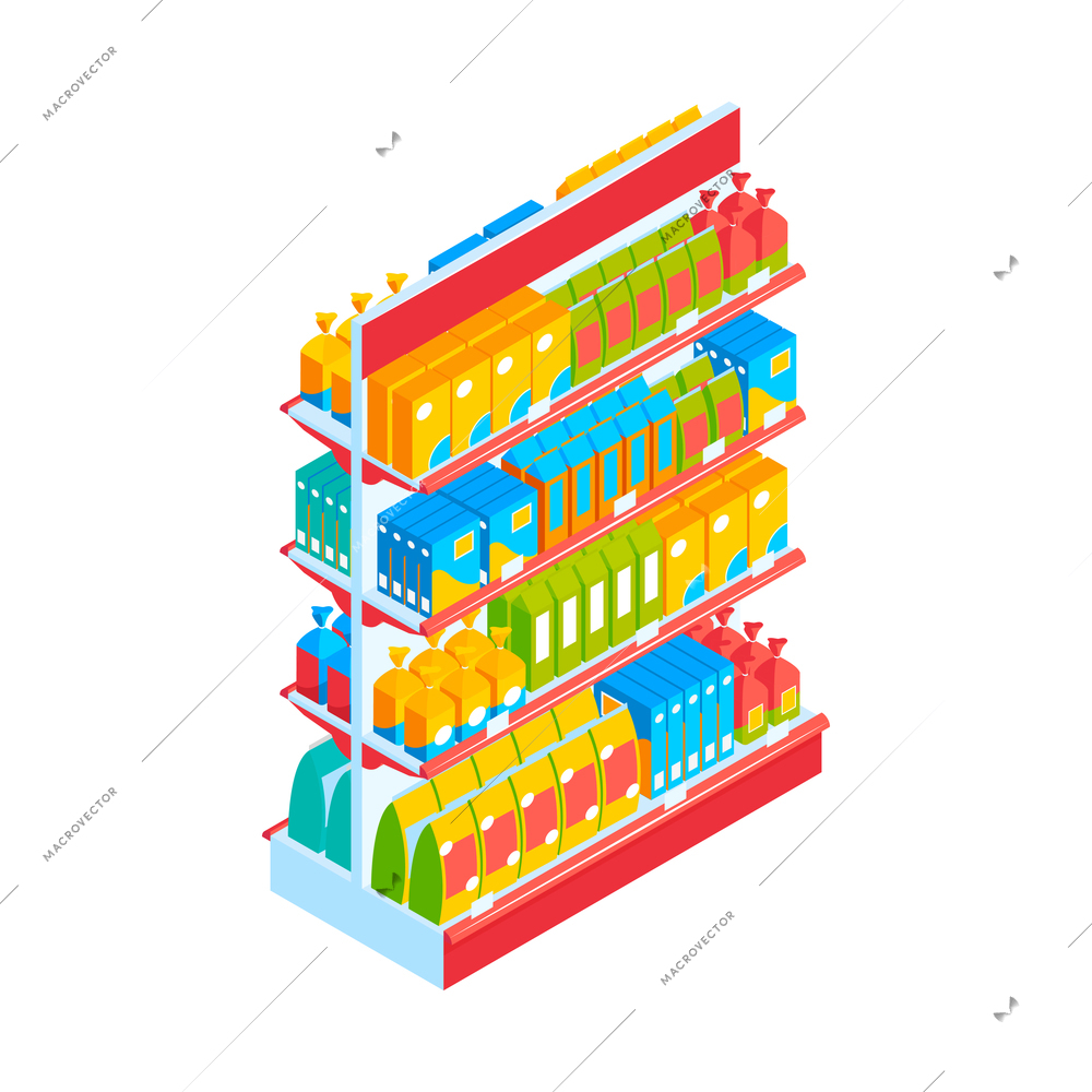 Isometric supermarket shelf with grocery products on white background 3d vector illustration