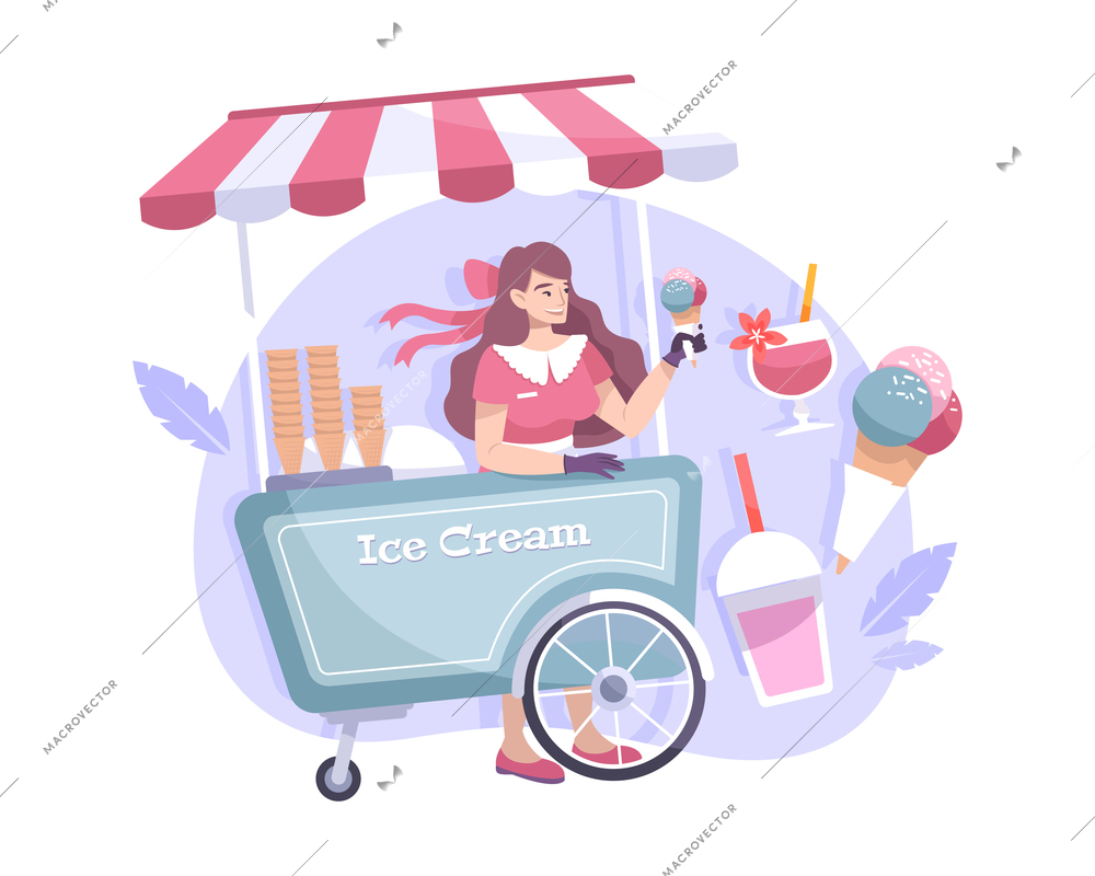 Stall with ice cream cold drinks and smiling seller flat composition vector illustration