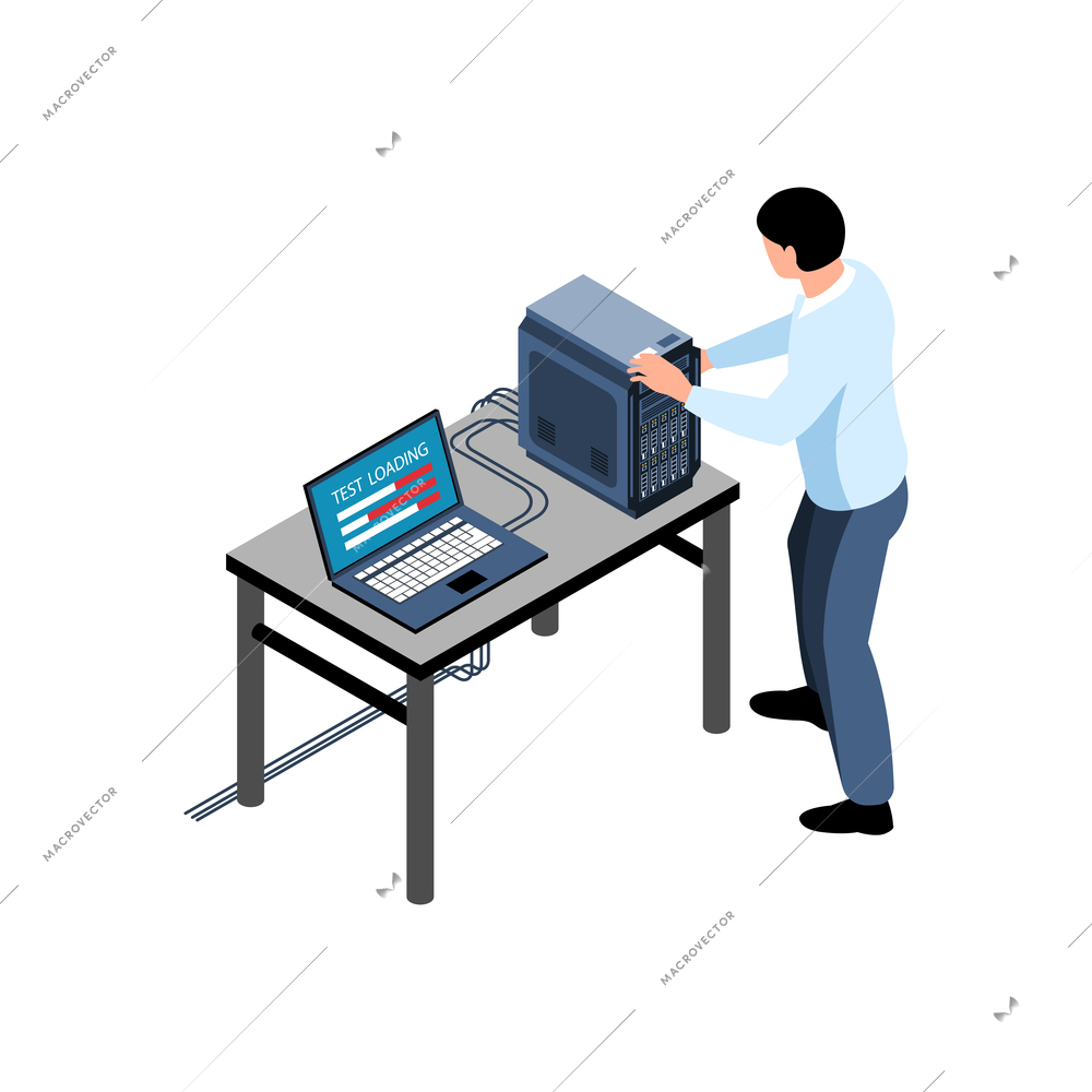 Isometric icon with sysadmin testing hardware 3d vector illustration