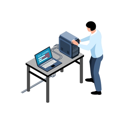 Isometric icon with sysadmin testing hardware 3d vector illustration