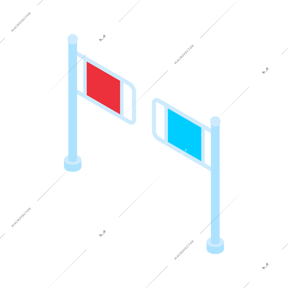 Blue and red entrance gate in supermarket on white background isometric isolated vector illustration