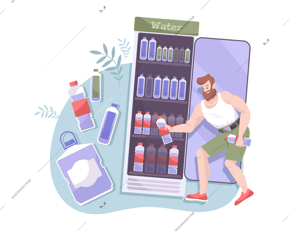 Flat composition with man taking cool drink out of fridge at shop vector illustration