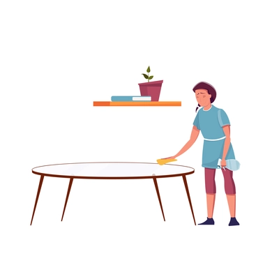 Woman dusting table with cloth in living room flat vector illustration