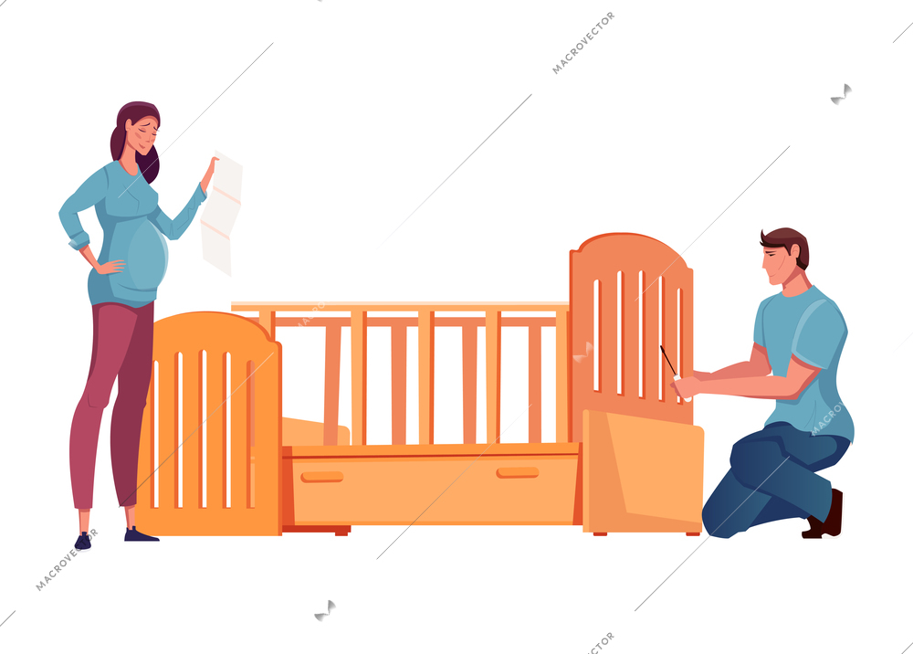 Flat icon with pregnant woman and man assembling wooden baby crib vector illustration