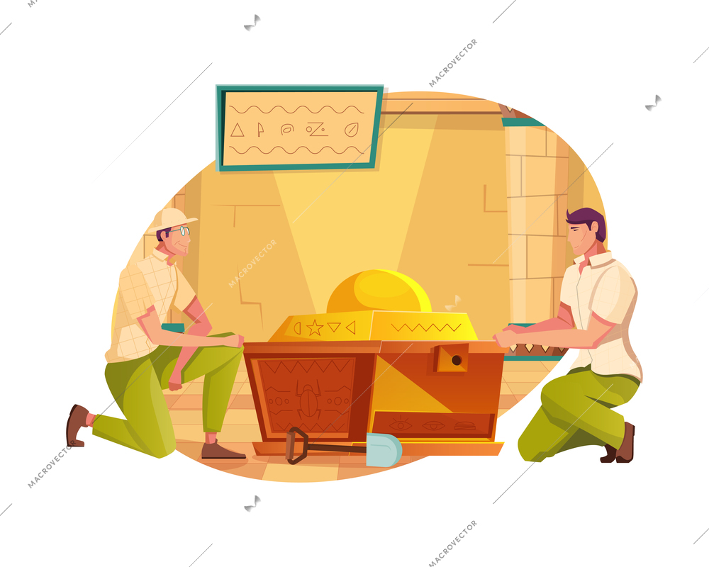 Treasure hunt flat composition with two men opening tomb chest vector illustration