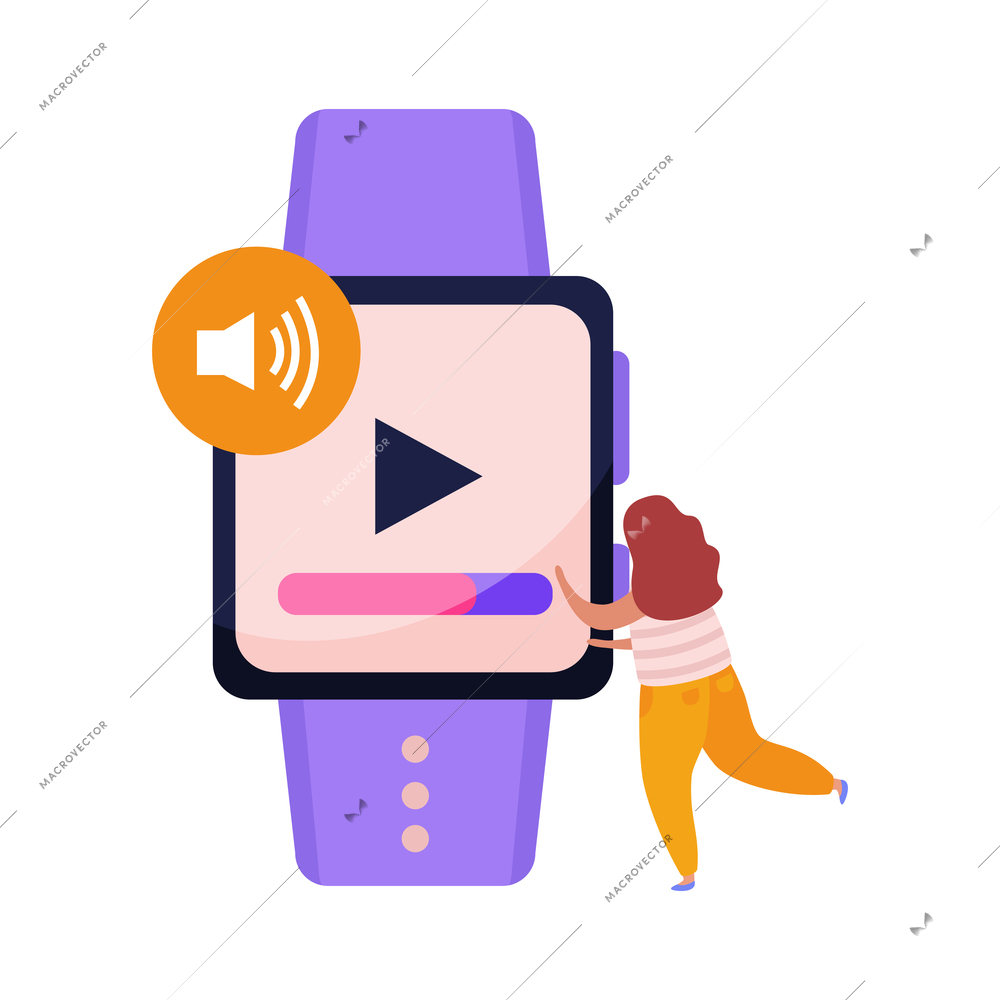 Wireless device flat icon with modern smart watch and human character vector illustration