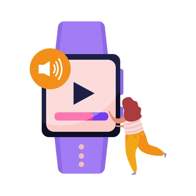 Wireless device flat icon with modern smart watch and human character vector illustration