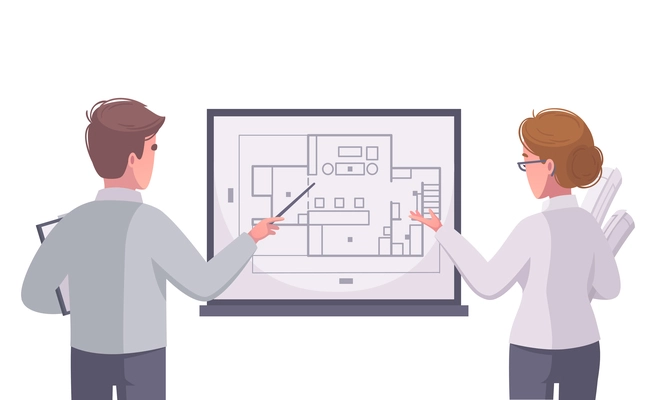 Two architects discussing construction plan cartoon vector illustration