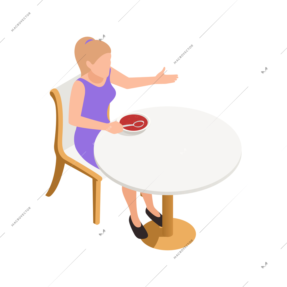 Woman eating soup at restaurant table 3d isometric vector illustration