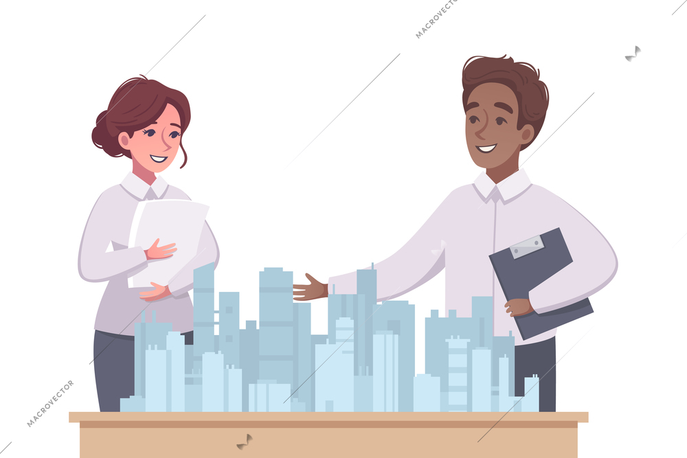 Architect showing model of city buildings cartoon composition vector illustration