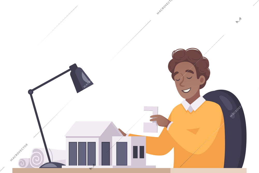 Cartoon composition with architect making house model vector illustration