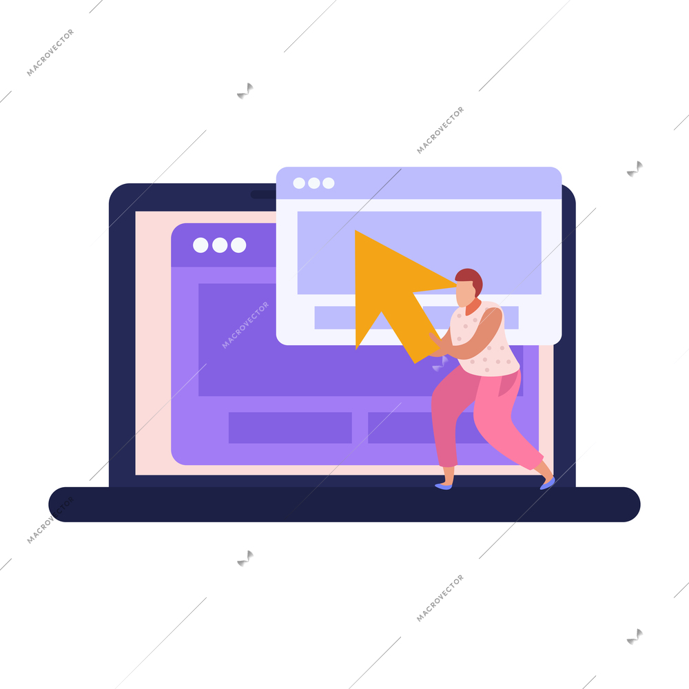 Flat laptop icon with character holding mouse cursor vector illustration