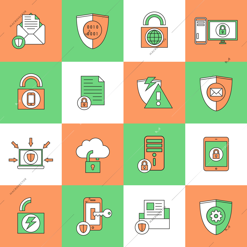Business document and files protection technology and online network security icons set line flat vector illustration