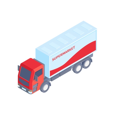 Red and white 3d supermarket truck isometric icon on white background vector illustration