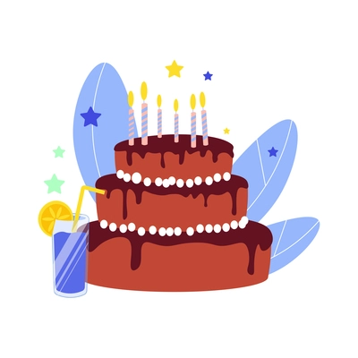 Big birthday party cake with candles and cocktail glass flat vector illustration