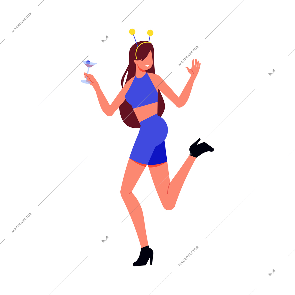 Happy woman dancing with cocktail glass at party flat icon vector illustration