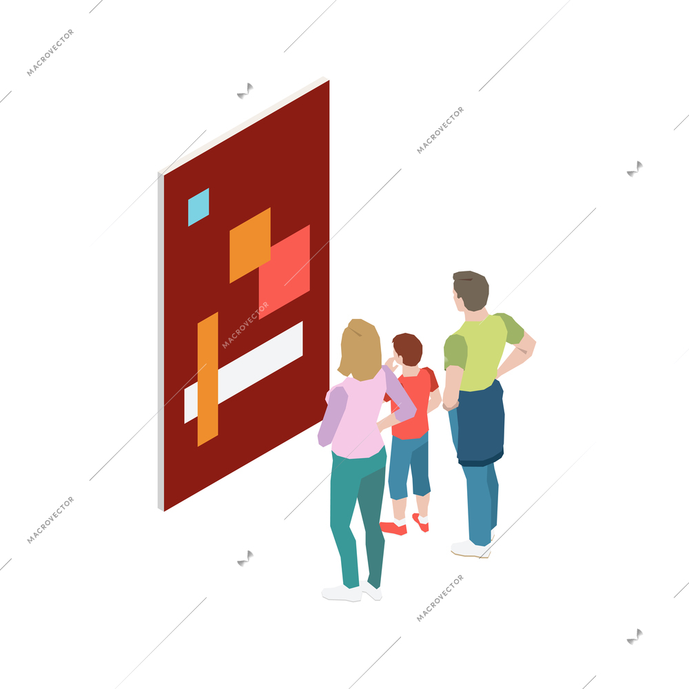 Family looking at picture in art gallery isometric icon 3d vector illustration
