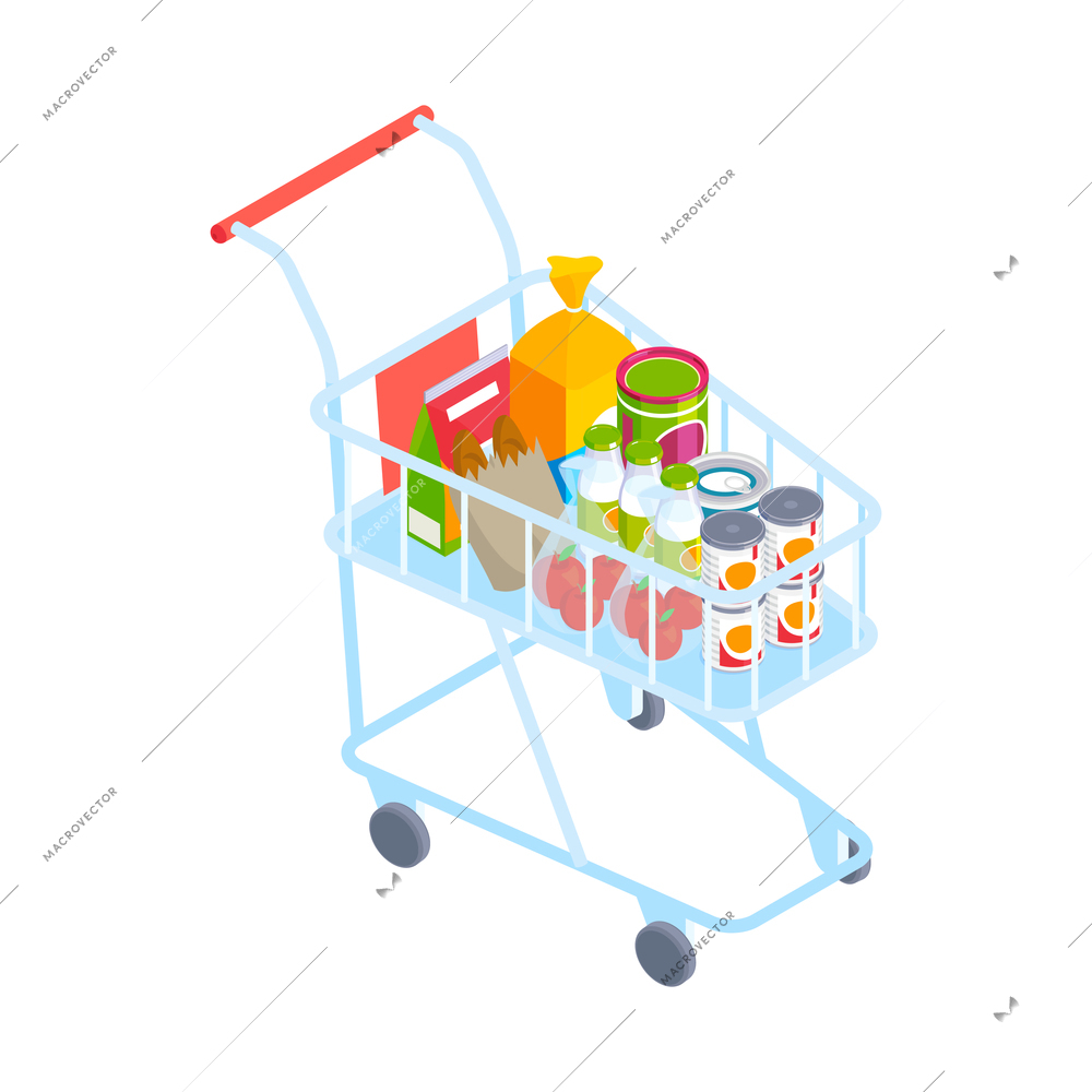 Isometric supermarket shopping cart with products 3d icon vector illustration