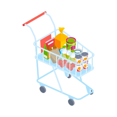 Isometric supermarket shopping cart with products 3d icon vector illustration