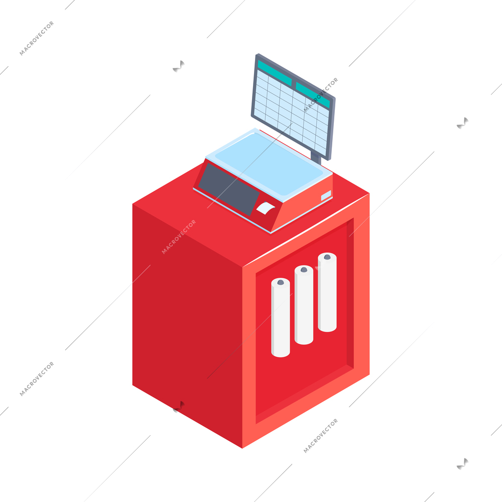 Isometric icon with supermarket scales for weighing fruits and vegetables and paper bags vector illustration