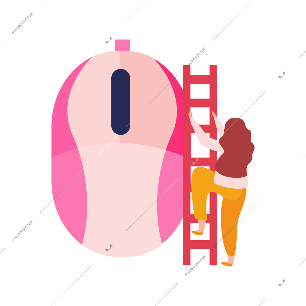 Pink wireless computer mouse and character climbing up ladder flat icon vector illustration