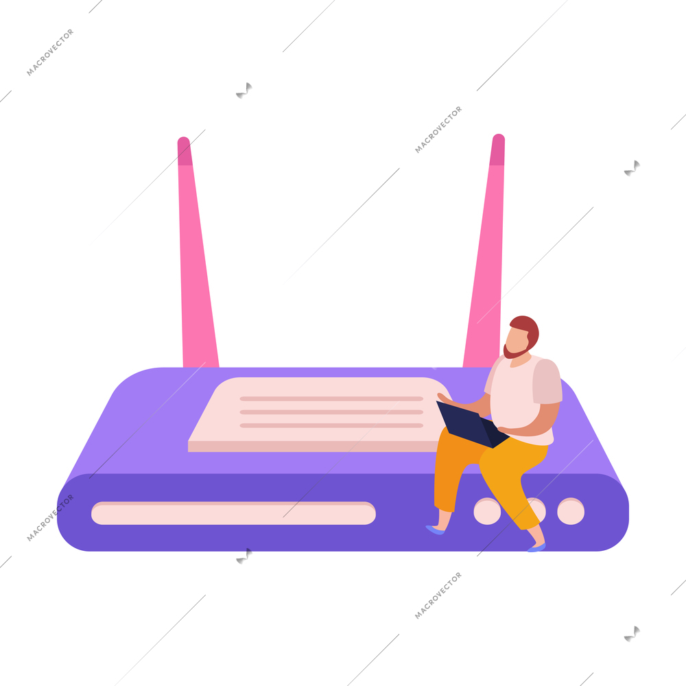 Flat icon with tiny character sitting on wifi router vector illustration