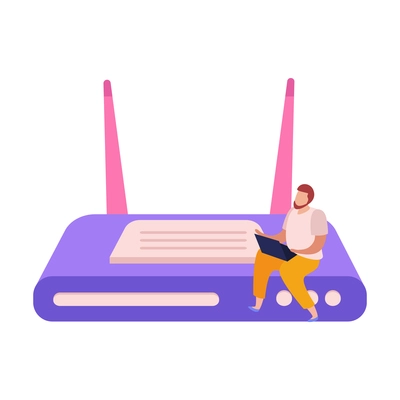 Flat icon with tiny character sitting on wifi router vector illustration