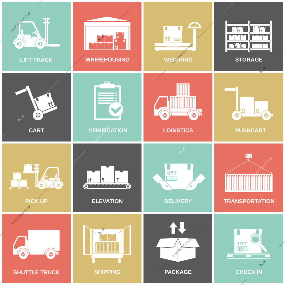 Warehouse icons flat set of storage cart verification isolated vector illustration